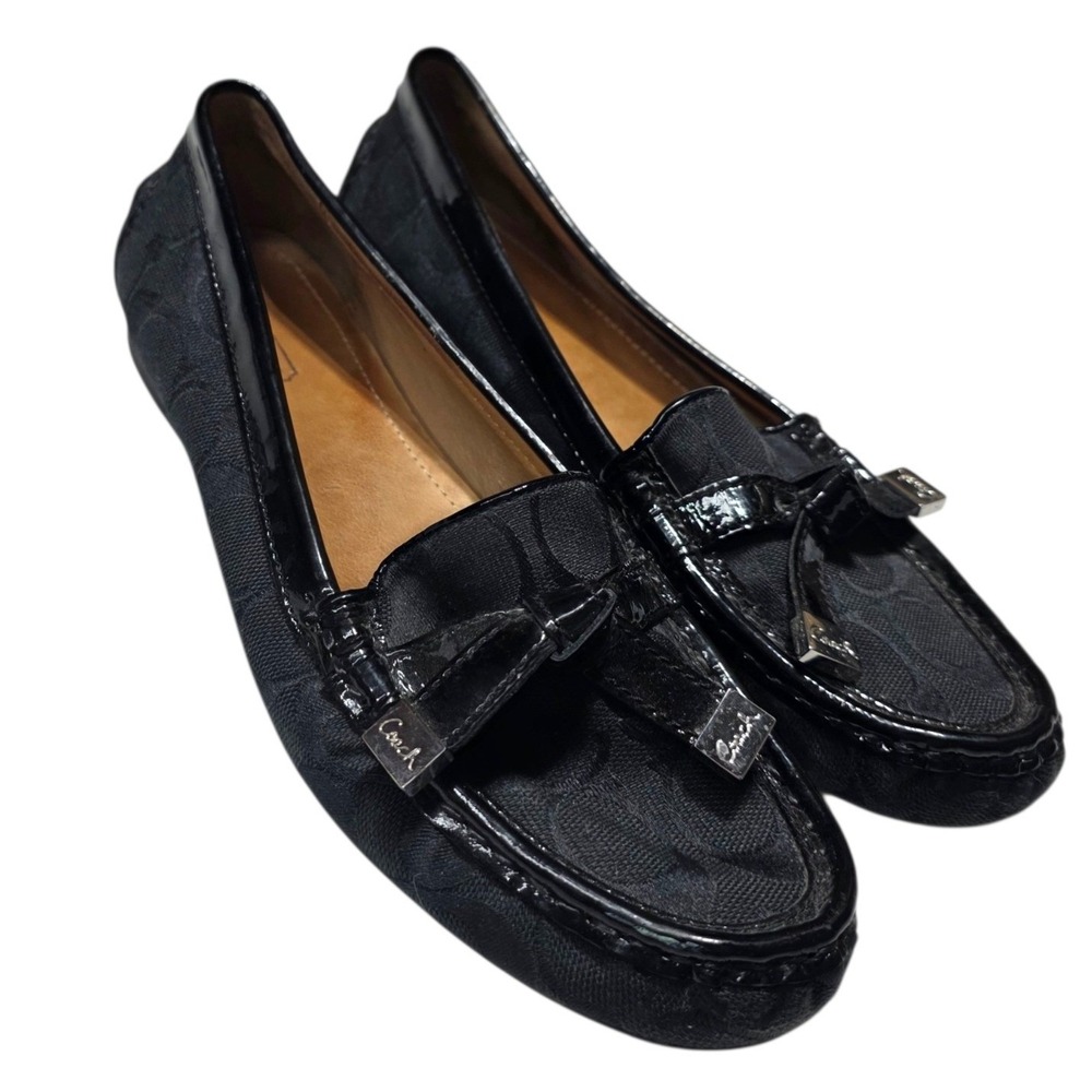 Coach Frida Loafers Womens 7.5B Black Signature Canvas Patent Leather Bow Shoes